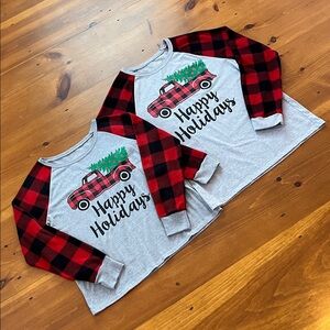 Happy Holidays PJ Top Red Plaid Grey Truck Tree Christmas Woman’s and Men’s Sz M
